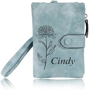 INBLUE Personalizado Cuero Monedero para Mujer Flor de Nacimiento con Nombre Cartera Pequeño Billetera Plegable Triple con Muñequera Regalo Personalizado para Dia de la Madre - Verde