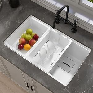 ZUAGCO 33 in. White Undermount Workstation Kitchen Sink Granite Composite Drop-in Sink Deep Modern Farmhouse Sink Single Bowl 33 x19 with Accessory Kit