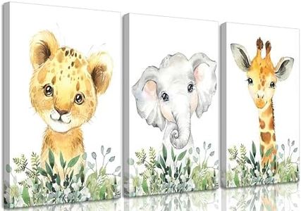 3Pcs Safari Animal Nursery Canvas Wall art Cute Watercolor Jungle Elephant Giraffe Lion Kids Room Painting Pictures Wall Decor Posters Prints Artwork for Baby Boys and Girls Room Decoration