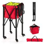 GYMAX Tennis Ball Cart, Foldable Tennis Balls Hopper Basket with Wheels, Side Pockets & Carry Bag, 150 Ball Capacity Available, Lightweight Tennis Teaching Cart (Red)