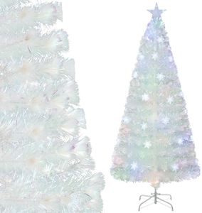 GYMAX 4FT/5FT/6FT/7FT Fiber Optic Christmas Tree, White Artificial Pre-lit Xmas Tree with Top Star Light, Multi-color Snowflake Lights, 130/170/230/270 Branch Tips, Party Home Decoration Tree (180CM)