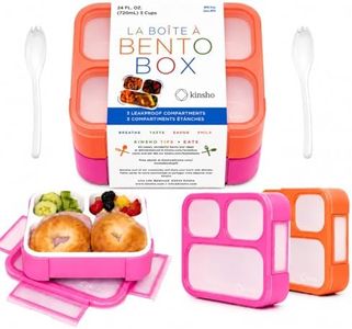 kinsho Bento Box for Kids, Toddler Lunch-Box Snack Container for Small Boys Girls in School Daycare, Leakproof 3 Compartment Containers for Snacks, Bpa Free. Medium Orange Pink 2 Pack