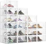 Elechomes Clear Shoe Boxes Stackable Plastic, 18 Pack Premium Shoe Storage Organizers for Closet Space Saving Foldable Shoe Rack Containers, Sneaker Display Case Holder Shoe Bin for Entryway Drawers