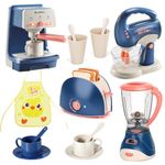 Blue Kids Assorted Kitchen Appliance Play Toys Includes Coffee Maker ,Blender,Fruit Machine and Toaster ,Apron and Cups,with Realistic Lights& Sounds,Learning Gift for Toddlers Baby Girls Boys