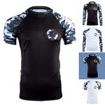 Gold BJJ Jiu Jitsu Rashguard - Camo Short Sleeve Rash Guard Compression Shirt for No-Gi, Gi, & MMA (Black Camo, M)