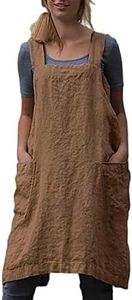 Amlztr Women's Pinafore Apron Cross Back Apron with Pockets Cotton Linen Apron Dress Plus Size, Brown, Medium