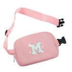 COSHAYSOO Small Waist Fanny Pack Belt Bag with Initial Letter Patch Adjustable Strap for Women Teen Girl Running Traveling Crossbody Travel Purse Trendy Preppy Pouch, Pink, Small, M