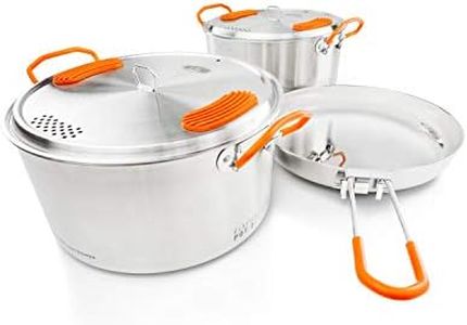 GSI Outdoors Glacier Stainless Steel Base Camper - Medium - 3 Pieces Cookset - Compact, & Durable Pot Pan for Camping