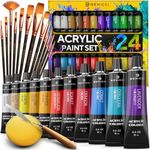 Complete Acrylic Paint Set – 24х Rich Pigment Colors – 12x Art Brushes with Bonus Paint Art Knife & Sponge – for Painting Canvas, Clay, Ceramic & Crafts, Non-Toxic & Quick Dry – for Kids & Adults