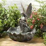 Garden Mile® Novelty Vintage Fairy Water Fountain - Solar Powered Bronze Patina Winged Fairy Colour Water Feature - Garden Ornament Outdoor Statue Decorative Centrepiece for Pond, Patio and Lawn Decor