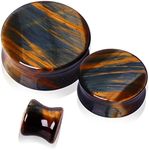 Pair of Natural Blue Tiger Eye Stone Saddle Plug Double Flare Ear Lobe Plugs (00GA (10mm))