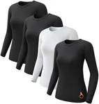 CL convallaria 4 Pack Women's Thermal Underwear Tops, Women Fleece Lined Long Sleeve Baselayer Shirt for Winter Cold Weather,Small,3 Black & White