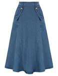 Belle Poque Women Vintage Jean Skirt Flared A-line Elastic Waist Work Office Knee Length Skirt Light Blue L