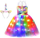 Soyoekbt Girls Unicorn Costume LED Light Up Princess Tutu Dress with Unicorn Headband for Halloween Birthday Party 3-8 Years Rainbow Sequin 3-4 Years