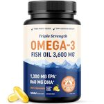 Triple Strength Omega 3 Fish Oil 3600 mg | EPA & DHA | Over 2100mg of Omega-3 Fatty Acids | Over 1300mg EPA + 860mg DHA | Best Essential Fatty Acids | Premium Burpless Softgel Supplements (180 Ct)