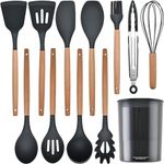 ALLWIN HOUSEWARE W 12 Pcs Silicone Cooking Utensils Kitchen Set With Holder Heat Resistant Silicone Spatula Turner Set Wooden Spoons Kitchen Tools Cooking Utensils For Nonstick Cookware(Grey,12)