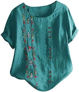 Women Plus Size Cotton Linen Tshirt Tops Vintage Flower Loose Fit Tunic Lady Summer Crewneck Dressy Casual Blouses, Green #4, X-Large