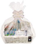 H-LINE SMALL Make Create Your Own Gift Hamper Kit - White Wicker Storage Basket Cellophane Wood Shred Bow Set - Ideal for Christmas Easter Christening Wedding Baby Shower or Birthday Gift