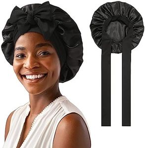 GUGUGO Seidenhaube zum Schlafen, Silk Bonnet, Verstellbare Seidenhaube, Schlafhaube Seide, Schlafmütze Damen, Satin Haube, Satin Haube Schlafen, Silk Sleeping Cap, Schwarz