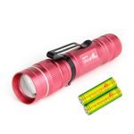 UltraFire Mini Pocket LED Flashlight with Battery, 300 Lumen 3 Modes Zoomable Bright Small EDC Flashlight with 1.5V AA Alkaline Battery, Waterproof Tactical Torch for Girls Kids Children (Pink)