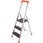 SONGMICS Step Ladder, 3-Step Folding Ladder with 12 cm Wide Steps, with Tool Tray and Anti-Slip Feet, Max. Static Load 150 kg, Black and Orange GLT03BK