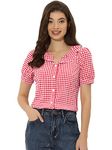 Allegra K Women's Gingham Plaid Shirts, Plaid Top for Women, Ruffle Collar Blouse, Short Sleeve Checked Shirt Tops Red 20