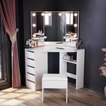 ELEGANT White Makeup Desk with 3 Angle Mirror and 5 Drawers Corner Dressing Table with Hollywood LED Lights, Large Storage Vanity Table for Girls with Stool