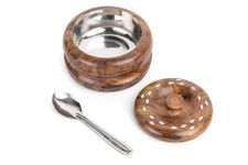 Kingsman Store Wooden Sugar Pot Salt Spice, Pickle Jar,Masala Box & Multi Containers & Bowl with Spoon, Use for Kitchen & Dining (Brass Design) Size (4 x 4 x Inch)