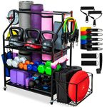 VORVIL Home Gym Storage Rack and Yoga Mat Holder, Multipurpose Fitness and Accessory Equipment Organizer with Utility Hooks, Shelves, Rolling Wheels, and 68 KG Resistance Band Set