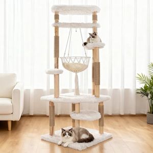 Modern Multi-Level Cat Tree Tower for Indoor Cats, 70" Tall Natural Solid Wooden Cat Tower with Sisal Scratching Post, Luxury Cat Furniture with Swing Hammock for Cat Households White