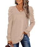 XIEERDUO Fall Clothes Women Clothing Trendy 2024 Top Puff Long Sleeve Sweatshirts V Neck Sweaters Oversized Shirts Khaki L