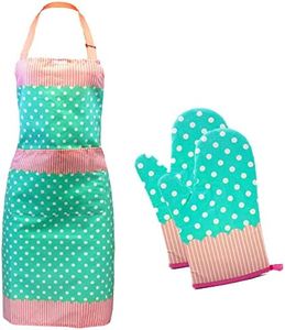 Set of Two Oven Mitts | Heat Resistant Cotton Kitchen Pot Holder | Decorative Oven Mitts (Oven Glove with Apron (Dotted Blue))
