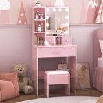 Kids Vanity, Girls Vanity Set with Mirror and Lights and Stool, 10 LED Dimmable Bulbs, Jewelry Storage, Shelves & Drawers, Princess Toddler Makeup Vanity Desk, Kids Vanity Table and Chair Set