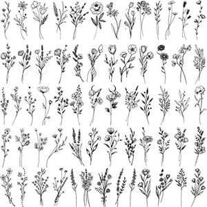 FANRUI 15 Sheets Tiny Branch Black Flower Temporary Tattoos For Women Girl Floral Bouquet Small Tattoo Temporary Wild Plant Lavender Sweet Pea Larkspur Fake Tatoo Adults Face Hands Kids Kit Sticker