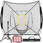 Storgem Baseball and Softball Practice Net 7×7ft Portable Hitting Pitching Batting Training Net Baseball Backstop Net with Batting Tee and Strike Zone and Bow Frame