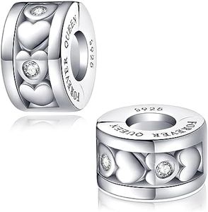 2pc Clip Spacer Charm for Women 925 Sterling Silver Heart Charm Clip Lock Spacer Stopper Charm Bead for Pandora European Charm Bracelet Necklace, 18K White Gold Plated, Cubic Zirconia
