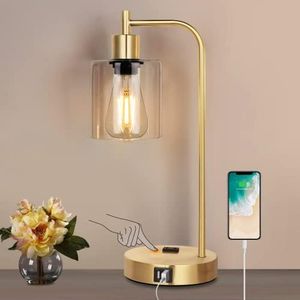 Qimh Industrial Touch Control Table Lamp with 2 USB Ports and AC Outlets, 3-Way Dimmable Bedside Nightstand Reading Lamps with 2700K LED Bulb, Glass Shade Desk Lamp for Bedroom, Office