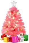 PREXTEX 23-Inch Mini Pink Flocked Christmas Tree with LED Lights, Ornaments, and Gifts - Small Tabletop Christmas Tree with Snowy Branches, Warm White Lights, Indoor or Outdoor Holiday Decor