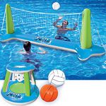 Inflatable Volleyball Net & Basketball Hoops Pool Float Set; Balls Included for Kids and Adults, Summer Pool Game, Summer Floaties, Volleyball Court (105”x28”x35”)|Basketball (27”x23”x27”),Green