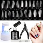 Beetles Coffin Nail Tips Nail Gel Kit, 2 In 1 Nail Gel Base Coat with Long False Nail and U V LED Nail Lamp for Gel Art Liner Polish Extension Different Nail Art Ideas DIY Home Manicure