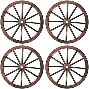 Qunclay 4 Pcs Wooden Wagon Wheel Wall Decor Old Western Wood Boho Wall Art Farmhouse Boho Wagon Wheels Rustic Yard Decor Wood Hanging Decorations for Garden Home Bar Garage (10 Inch)