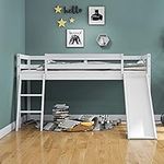 MU Twin Loft Bed with Slide, Wood Low Loft Bed Frame with Climbing Ladder & Safety Guard Rail, Lower Storage Space for Kids Toddler, White