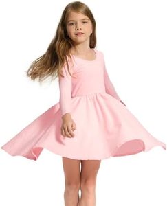 Stelle Long Sleeve Girls Dress Toddler White Dresses Skater Twirl Cotton A-Line Dress for School Casual(Pink, 8 Years)