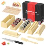 HI NINGER Sushi Making Kit- All in One Sushi Set 10 Piece Plastic Sushi Maker Tool with 8 Different Shapes of Sushi Rice Roll Mold Shapes Fork Spatula DIY Home Sushi Tools- Off-White