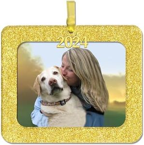 Photo Ornaments for Christmas Tree, Sparkly Glitter Christmas Frame Ornament, Easy-Load Magnetic Design, Includes Satin Ribbon with 2024 Gold Charm Plus Photo Protector, Horizontal, Gold