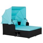 RELAX4LIFE Patio Outdoor Daybed with Canopy, Wicker Sunbed w/Cushions, 4 Pillows & 2 Retractable Side Trays, Double Conversation Lounge Bed for Poolside Porch Garden, Rattan Outdoor Bed (Turquoise)