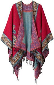 Urban CoCo Women's Vintage Pattern Tassel Poncho Shawl Cape (Series 2-Red)