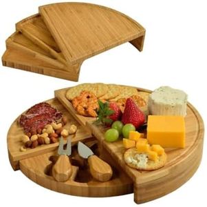 Frafuo 32cm Bamboo Rotating Cheese Board Set - Reversible Charcuterie Platter with Non-Slip Base, Stainless Steel Knives & Hidden Storage Drawer for Wine Nights and Entertaining (Natural Wood)