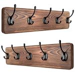 SAYONEYES Rustic Coat Rack Wall Mount, 16” Hole to Hole Solid Pine Brown Wood Wall Rack, Coat Hanger Wall Mounted with 5 Heavy Duty Hooks for Hanging Coat, Towels, Hat, Jacket - 2 Pack