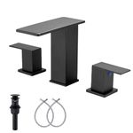 Waterfall Widespread Bathroom Sink Faucet GGStudy 3 Holes 2 Handles Matte Black Modern Bathroom Sink Faucets with Drain Assembly